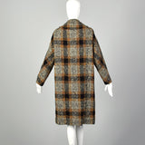 XL 1950s Coat Black Brown Flecked Tweed Overcoat Plaid Winter Wool Plush Lined Outerwear
