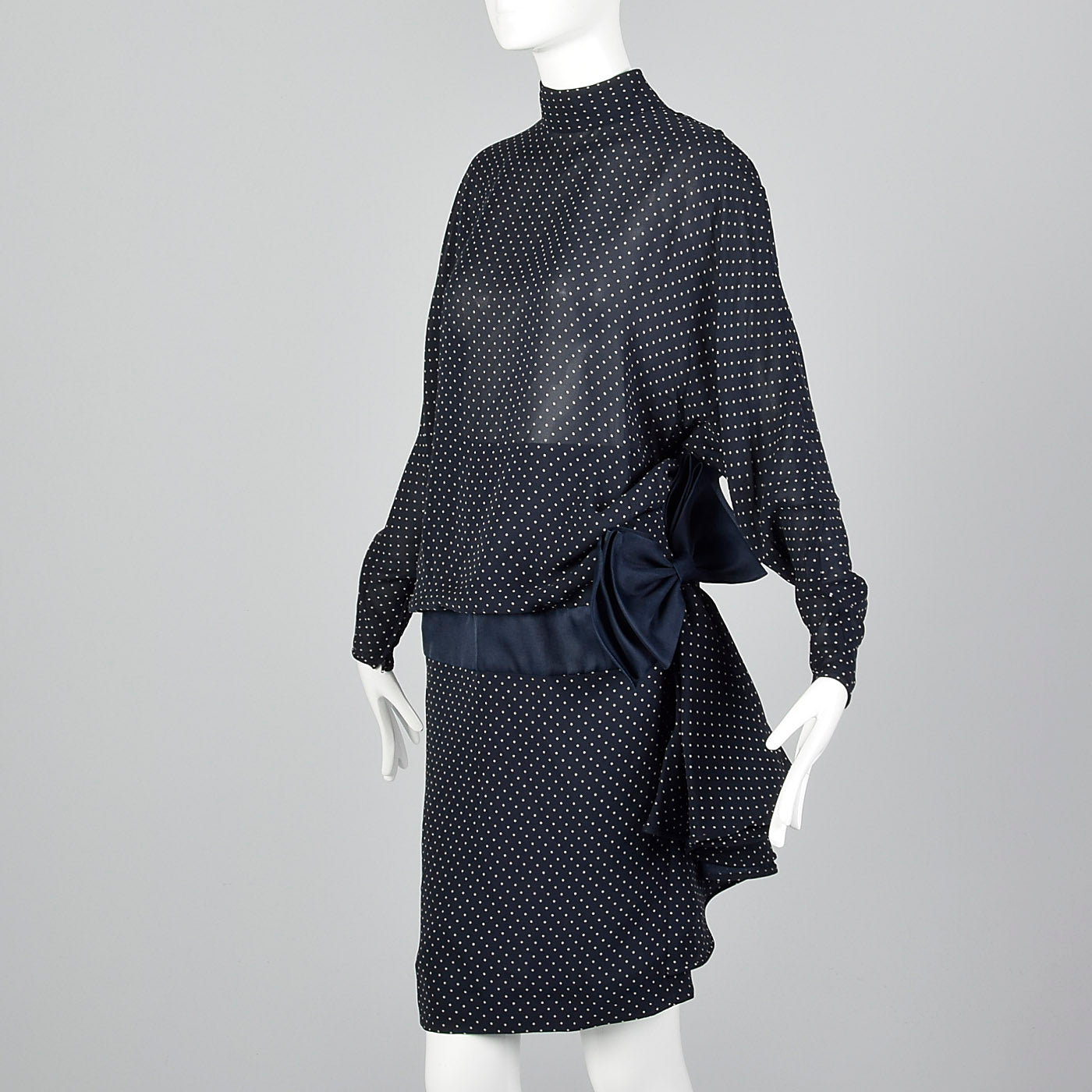 1980s Valentino Night Navy Silk Dress with Swiss Dot Print