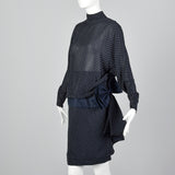 1980s Valentino Night Navy Silk Dress with Swiss Dot Print