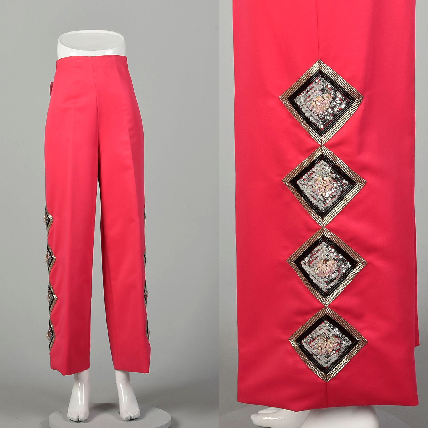 XL 1970s Hot Pink Pants Sequin High Rise Wide Leg