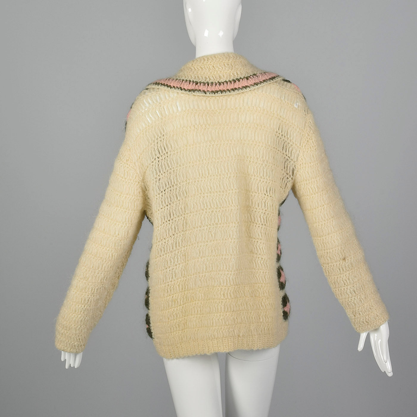 Large Schiaparelli 1950s Cream Cardigan Sweater with Pink and Green Granny Squares