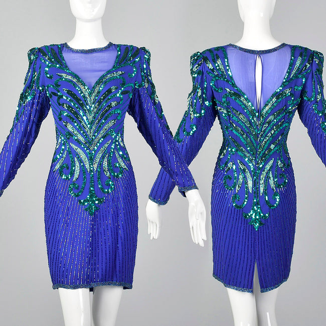 1990s Blue Beaded Cocktail Dress