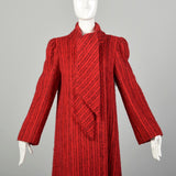 Medium 1980s Pauline Trigere Coat Red Mohair Black Stripes Winter Maxi Scarf Collar