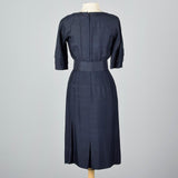 1950s Navy Silk Dress with Wide Belt and Decorative Buttons