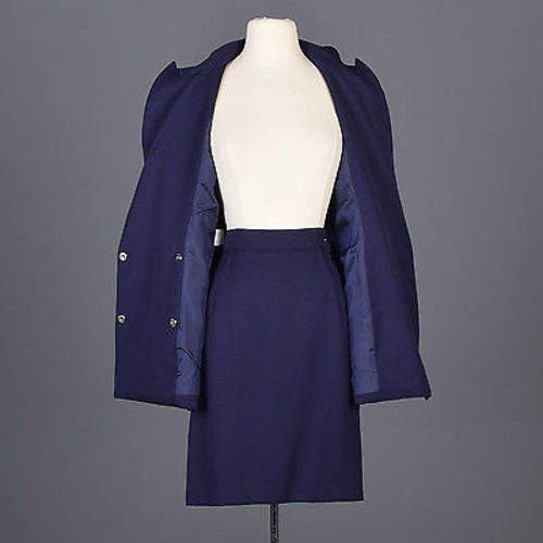 1980s Claude Montana Femme Fatale Hourglass Skirt Suit in Navy Blue
