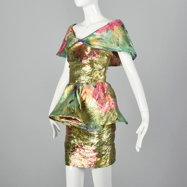 XS 1980s Floral Metallic Peplum Dress