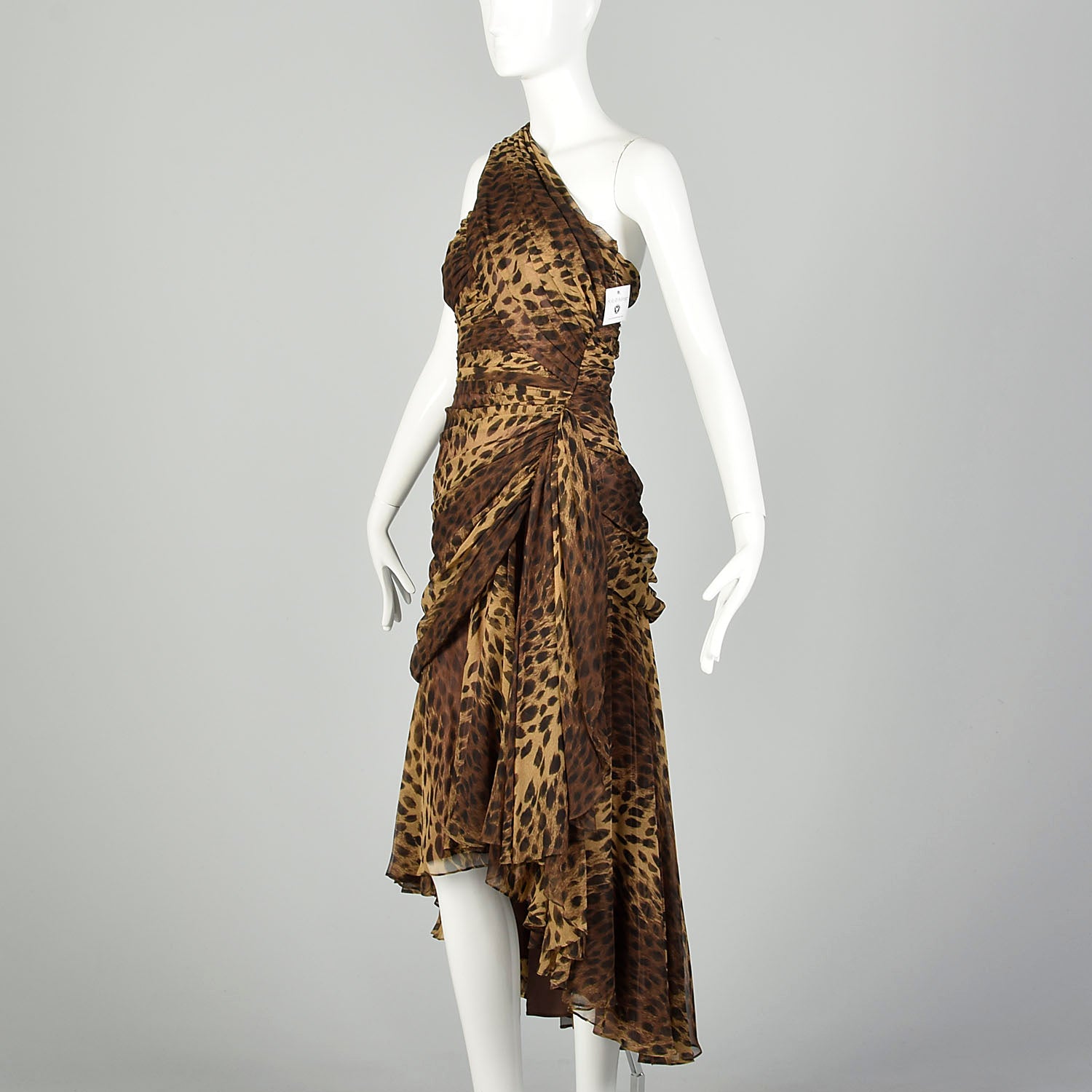 Small 1990s Tadashi Animal Print Dress Brown One Shoulder Asymmetric Hem