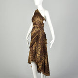 Small 1990s Tadashi Animal Print Dress Brown One Shoulder Asymmetric Hem