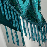 Large 1980s Bob Mackie Gown Bugle Beads Sequins Caged Back Hi Low Beaded Fringe Hem