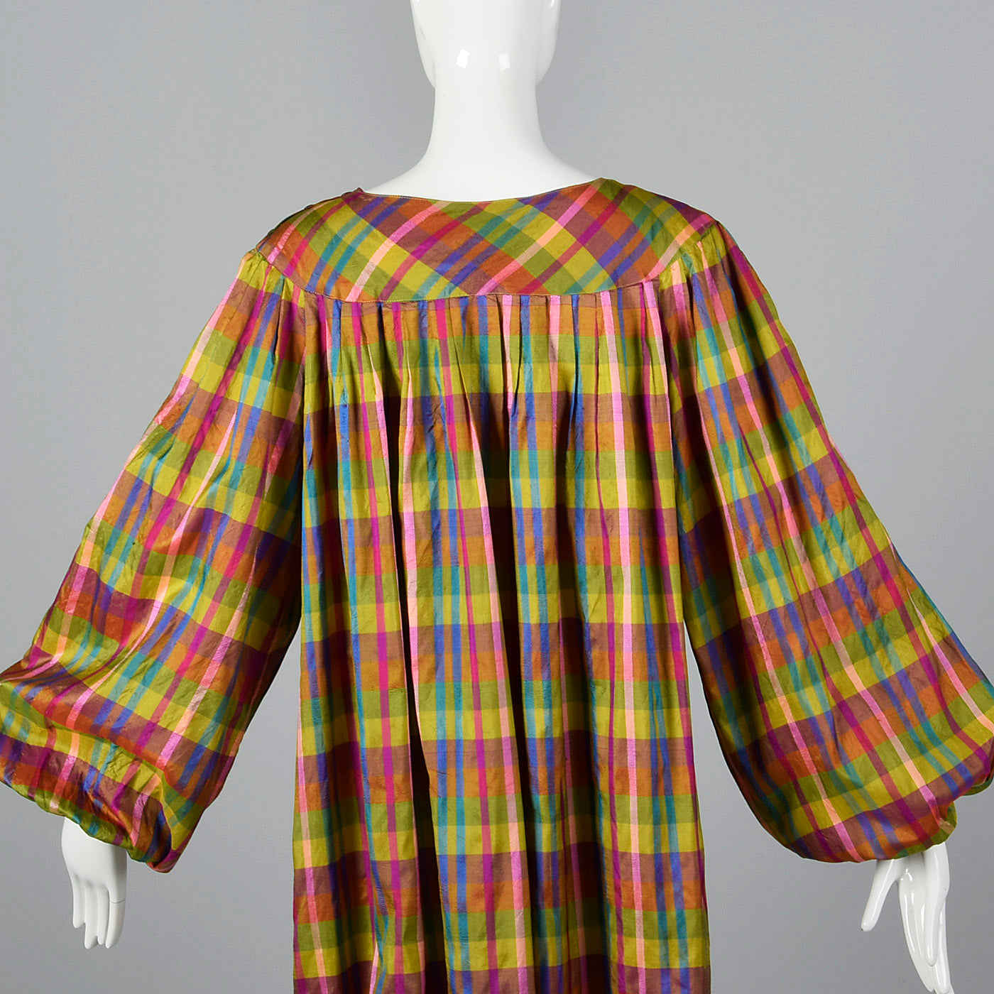 1970s Lanvin Lightweight Silk Dress in Rainbow Plaid with Huge Balloon Sleeves