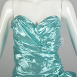 Small 1980s Strapless Sea Foam Aqua Asymmetric Lace Ruffle Prom Formal Evening Dress