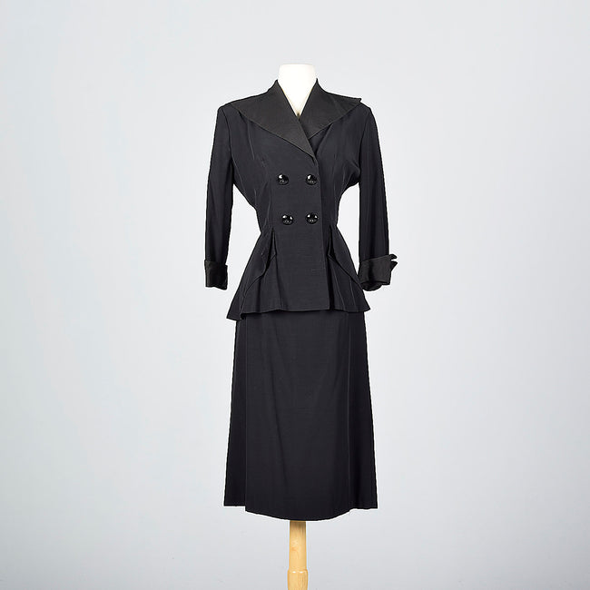 1940s Black Rayon Skirt Suit with Faille Trim