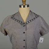 Large 1950s Blue & White Checked Fit & Flare Short Sleeve Lightweight Cotton Day Dress