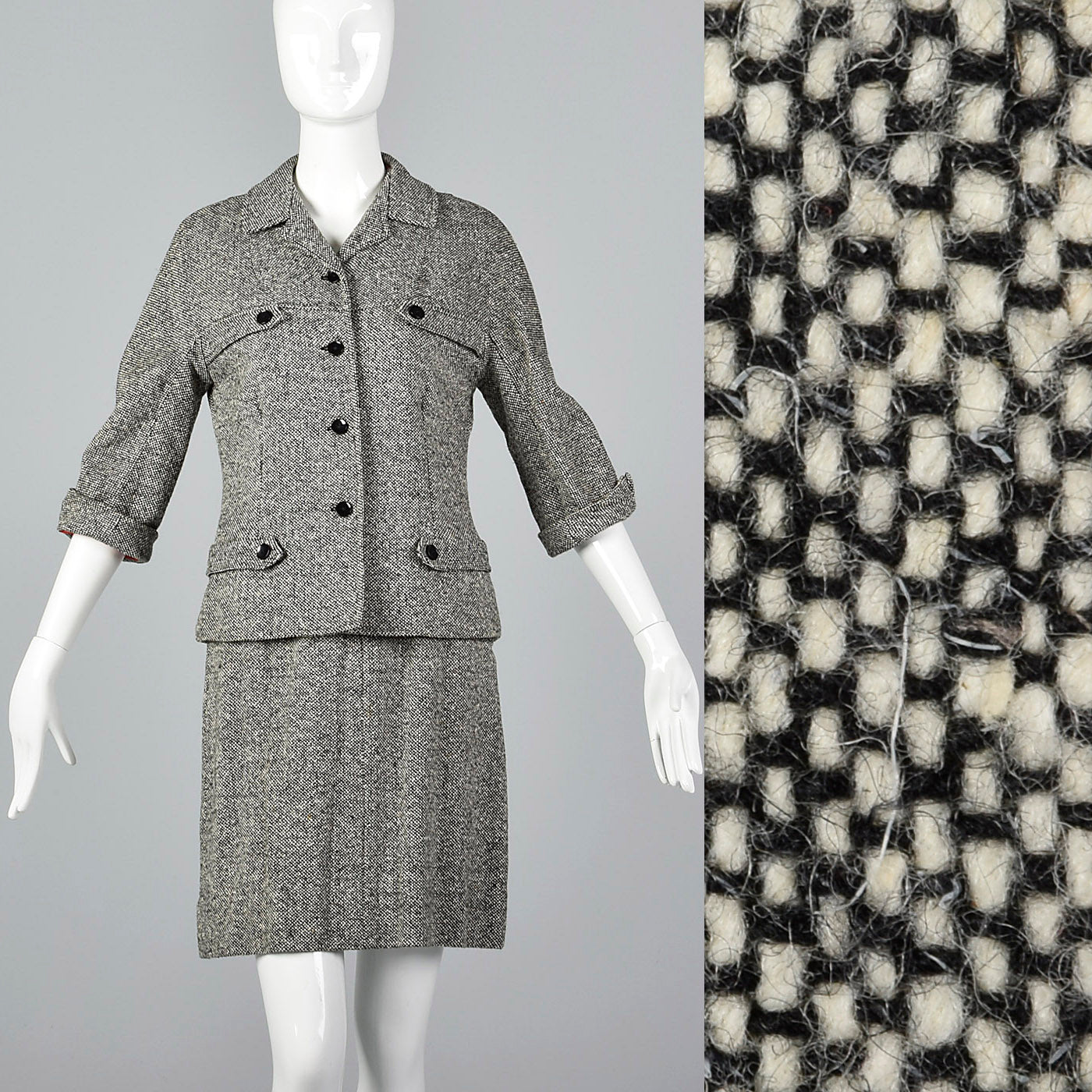 1960s Black and White Tweed Skirt Suit with Red Lining