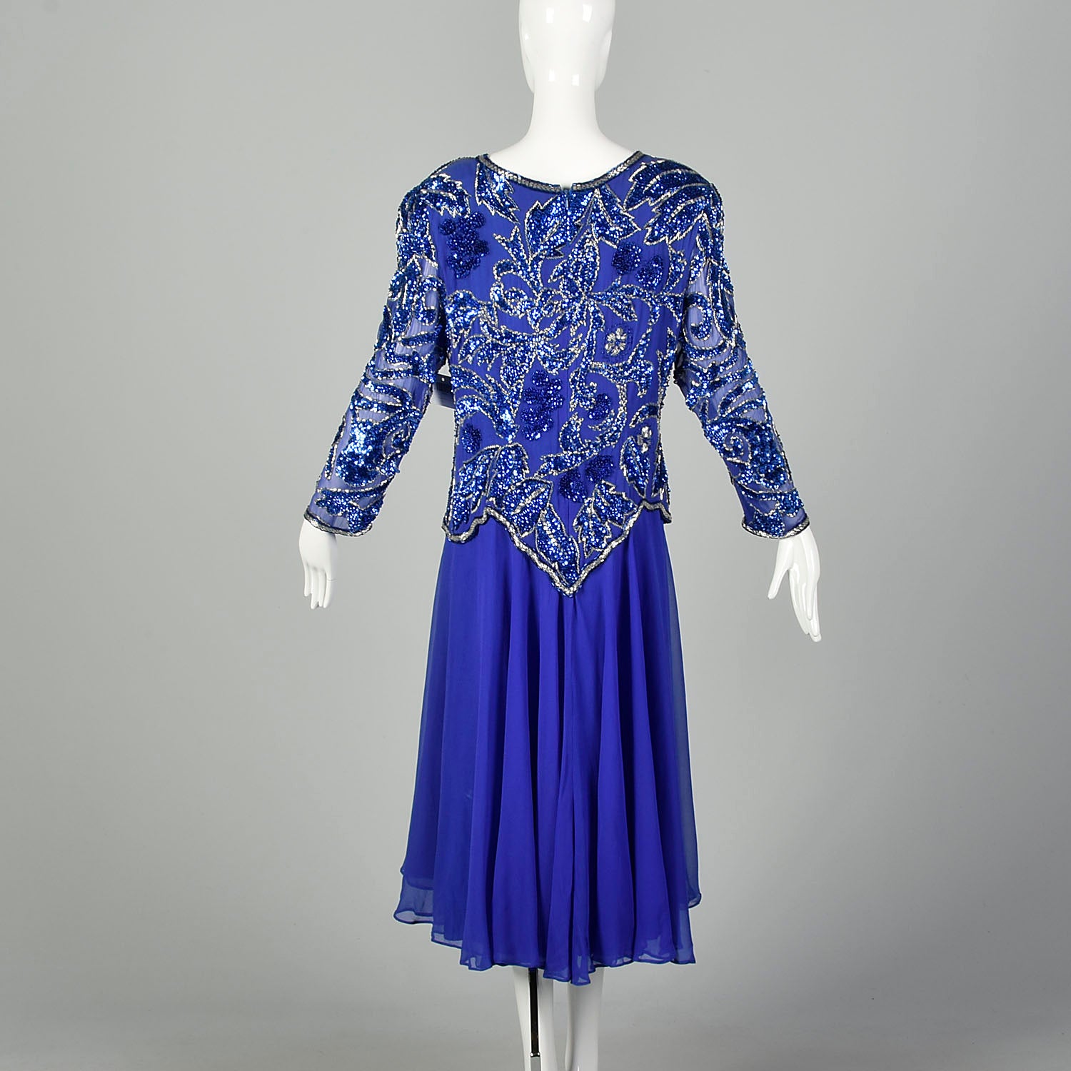 XXL Royal Blue Silk Beaded Evening Cocktail Dress Semi Formal Long Sleeve