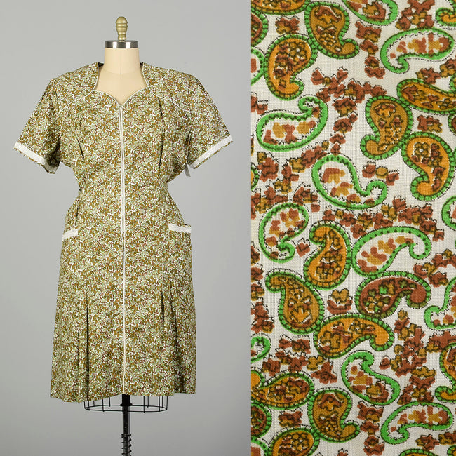3XL 1950s Day Dress Green Paisley Short Sleeve Volup Cotton Deadstock Zip Front