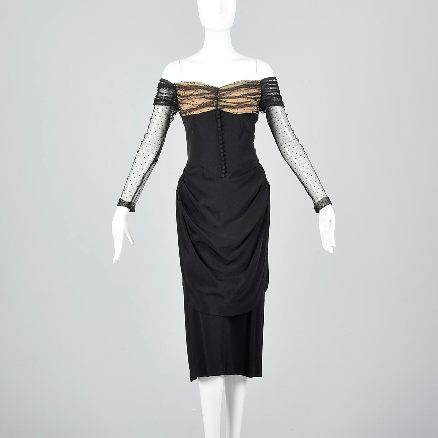 1950s Black Dress with Lace Illusion Neckline