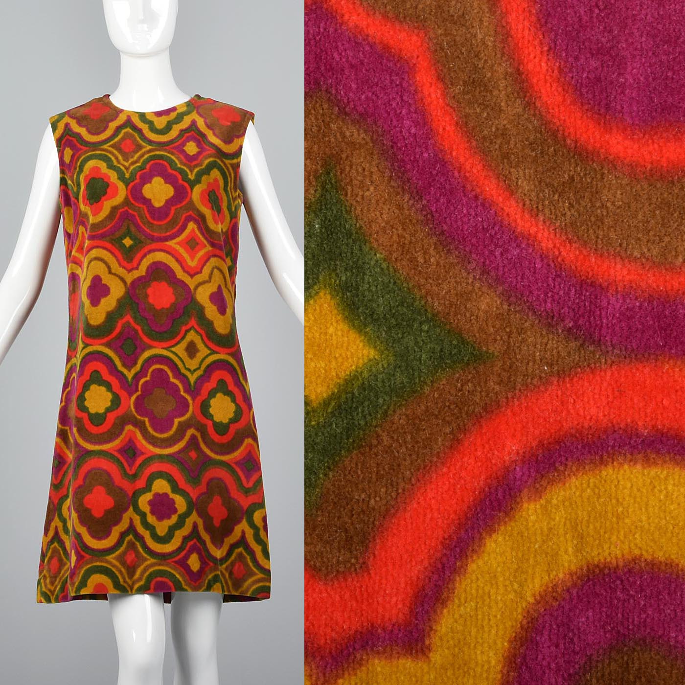 1960s Printed Velour Shift Dress