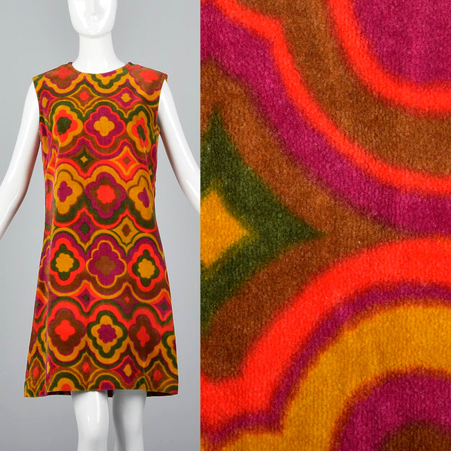 1960s Printed Velour Shift Dress