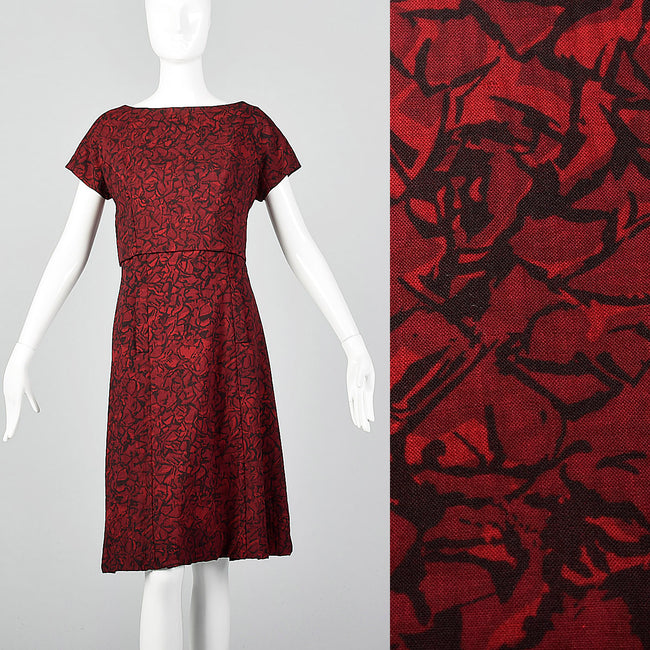 1960s Black and Red Print Dress with Mesh Bodice and Matching Overlay Top