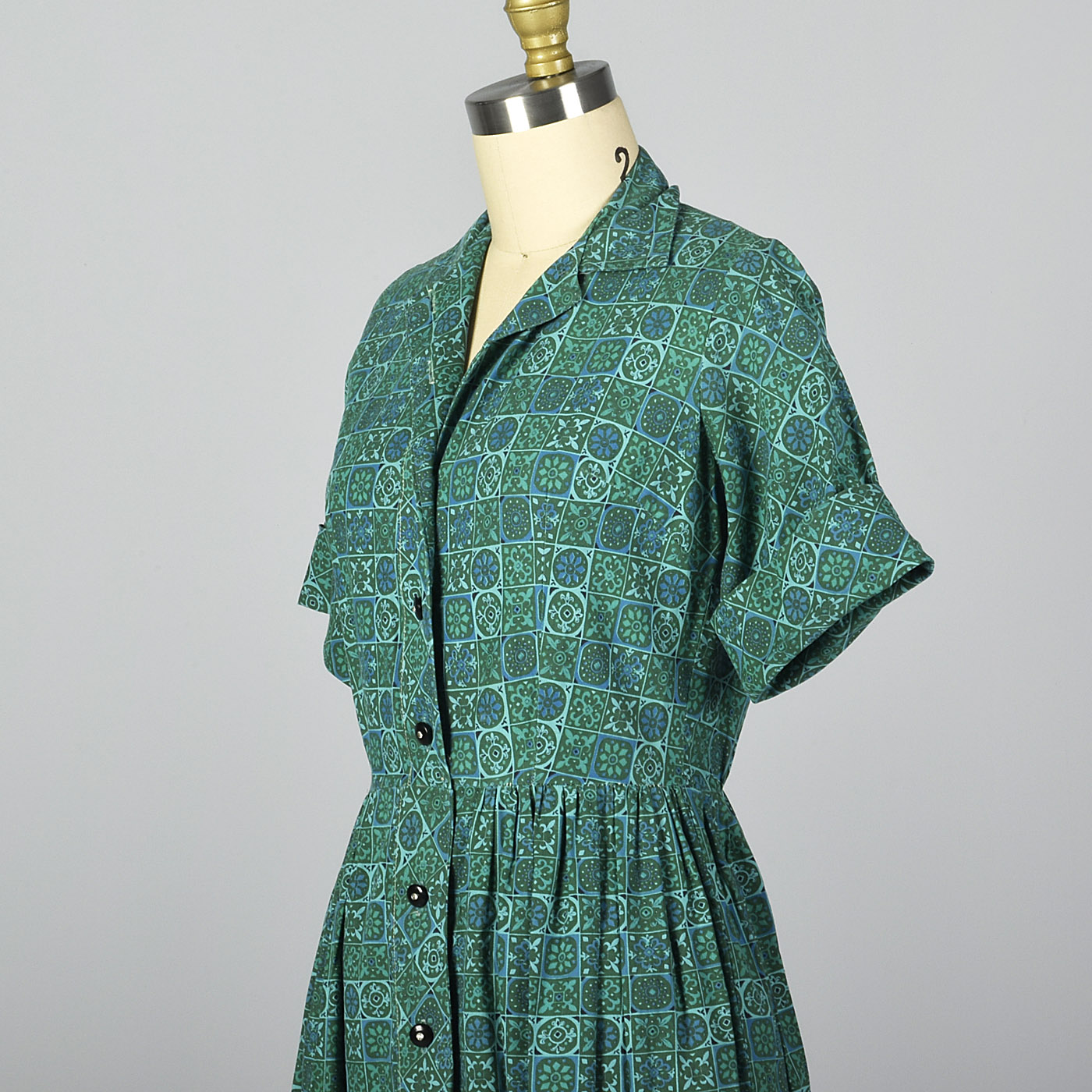 1950s Teal Print Cotton Day Dress