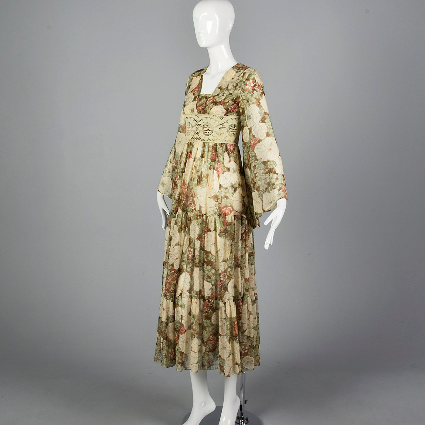 1970s Gunne Sax Brown Floral Maxi Dress