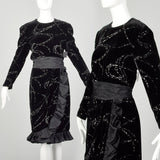 Large 1980s Escada Dress Black Velvet Glitter Ruffle Asymmetrical Hem Cocktail Party Evening Gown