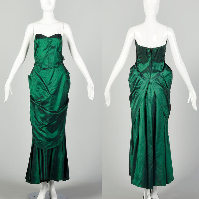 Small 1980s Dress Formal Green Taffeta Mermaid Strapless Evening Prom Gown