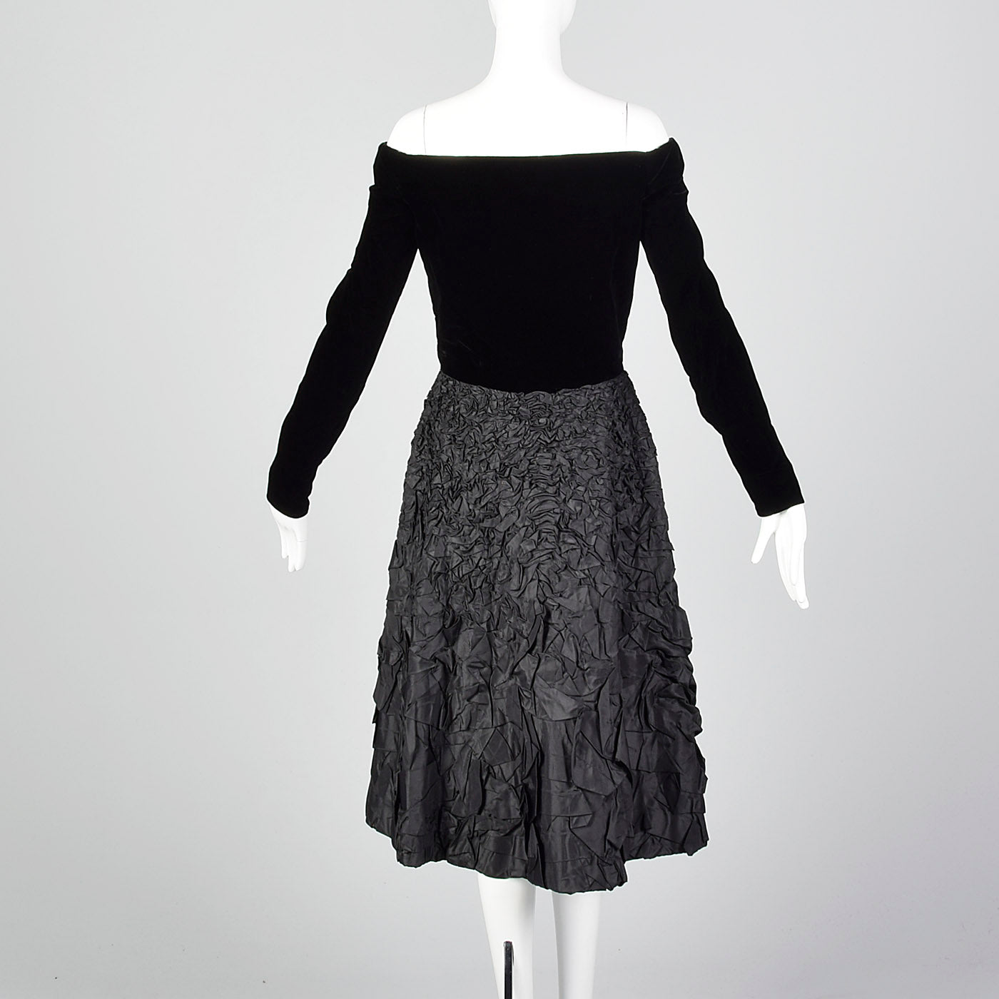 1950s Black Velvet Dress with Textured Skirt