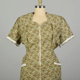3XL 1950s Day Dress Green Paisley Short Sleeve Volup Cotton Deadstock Zip Front