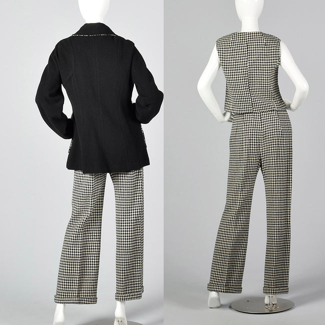 1970s Three Piece Suit Separates in Black & White Houndstooth Tweed