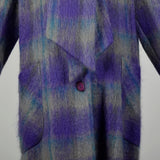 Large 1980s Coat Colorful Purple Plaid Striped Soft Mohair Winter Outerwear Maxi