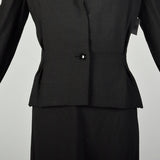 Medium 1970s Pauline Trigere Black Linen Skirt Set Sexy Jacket Classic Bias Cut Flirty Skirt