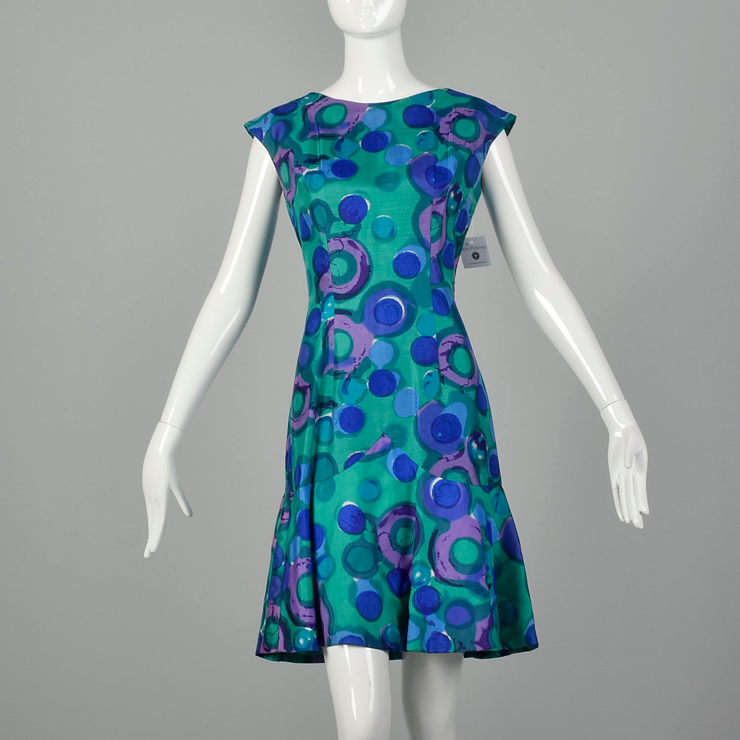 Large 1960s Dress Colorful Green Abstract Print Blue Sleeveless