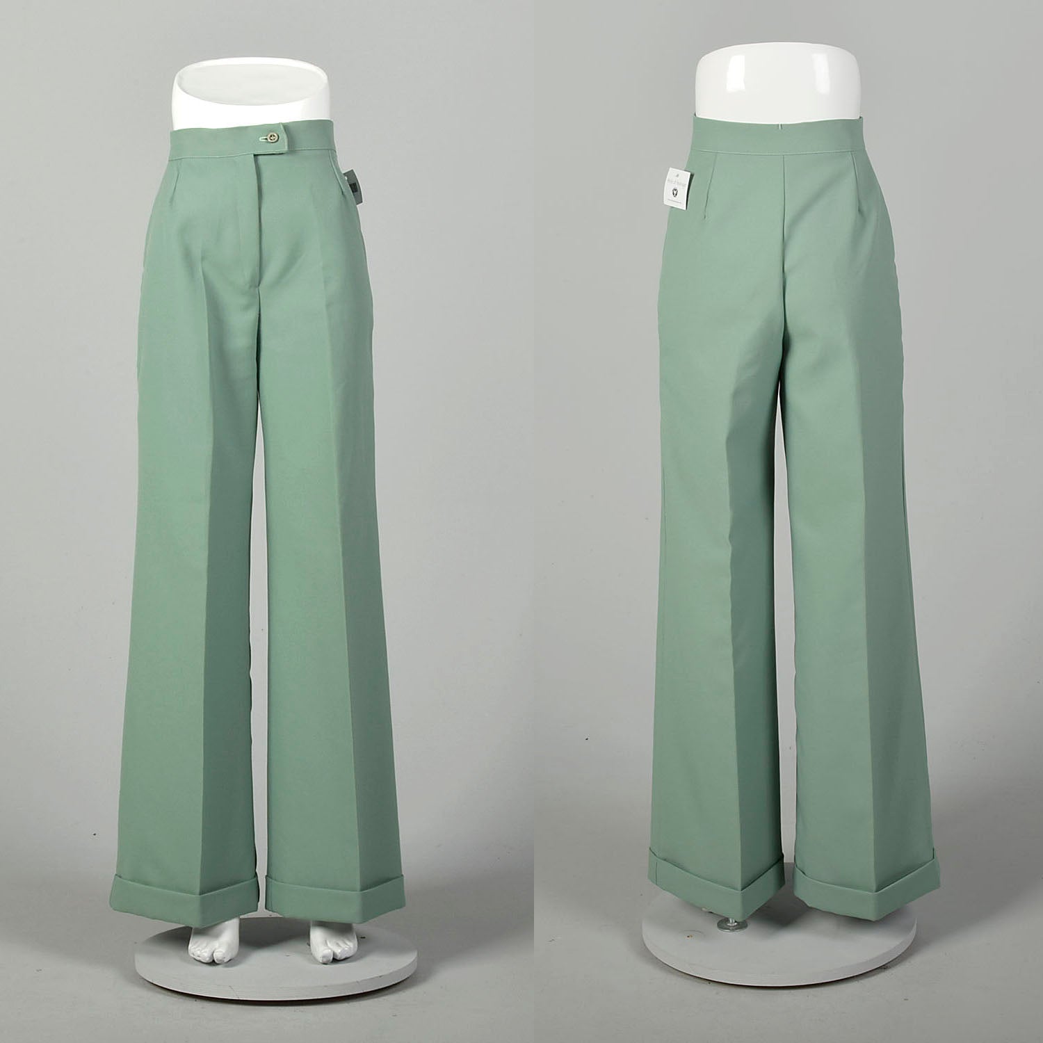 Small 1970s Mint Green Pants Boho Wide Leg High Rise Polyester