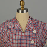 Large 1950s Day Dress Asymmetrical Red Plaid Cotton Tie Back Waist