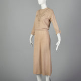 1940s Taupe Knit Dress with Beaded Bust
