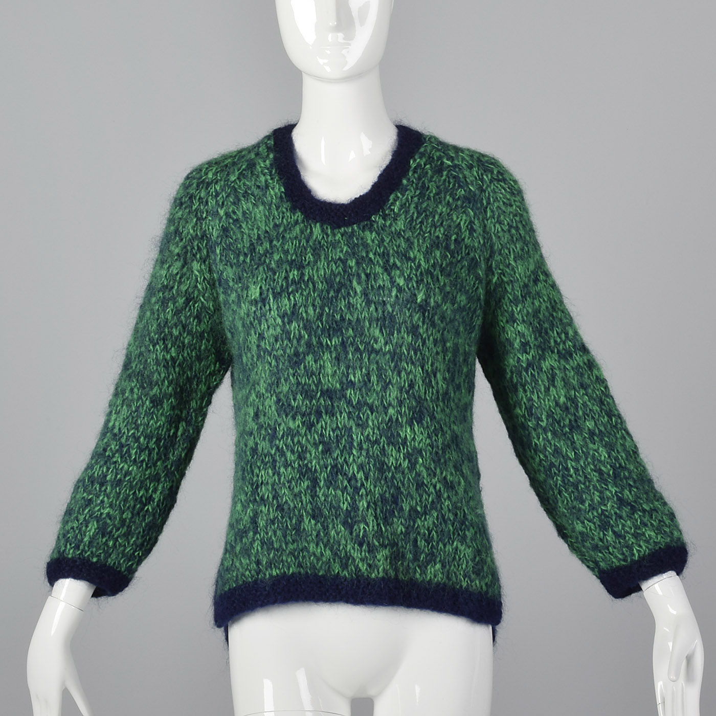 1950s Hand Knit Mohair Sweater in Green and Navy
