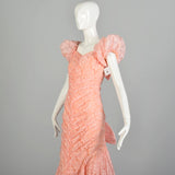 Medium 1980s Pink Lace Puff Sleeve Trumpet Skirt Formal Evening Prom Dress