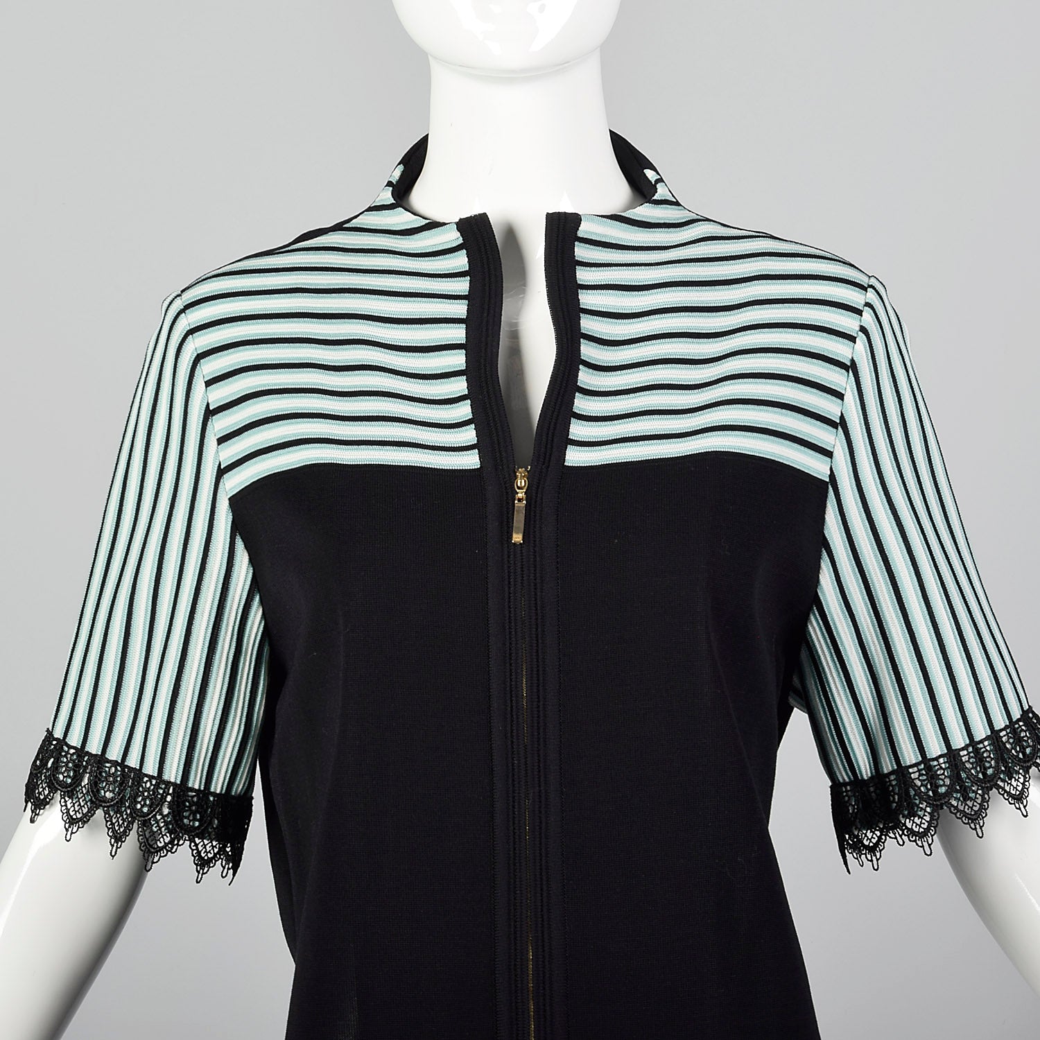 2000s Misook Black and Blue Striped Knit Shirt