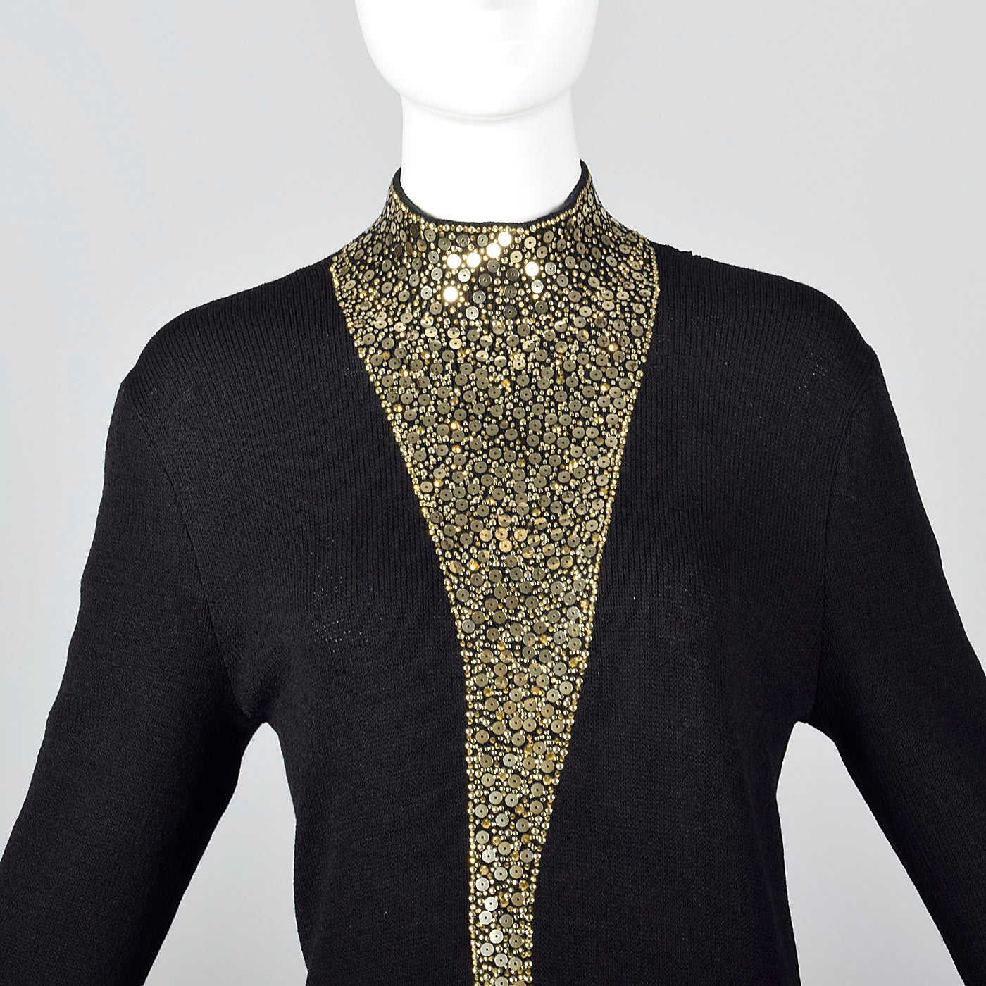 1980s St John Evening Long Black Knit Formal Dress with Gold Sequin Design