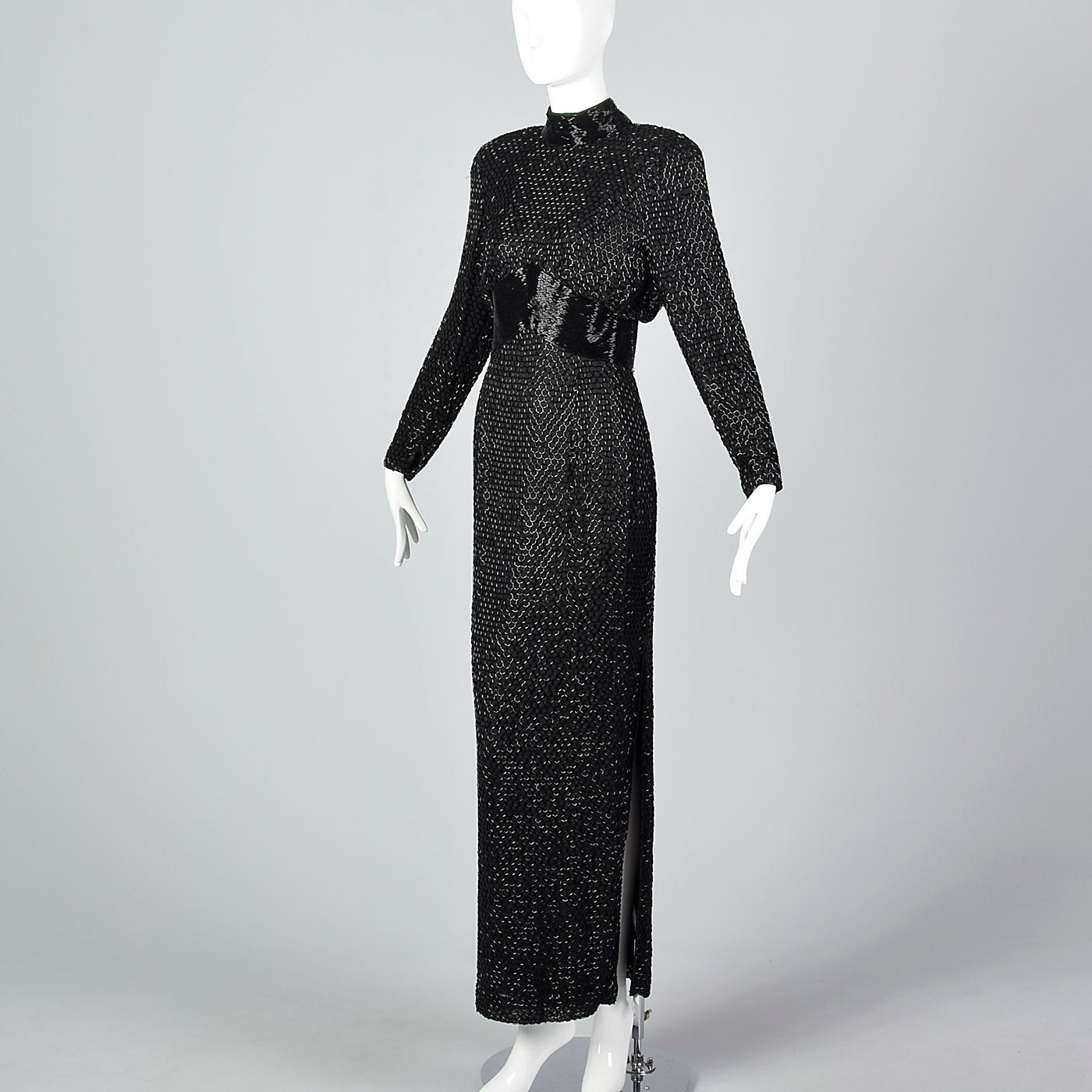 1980s Oleg Cassini Silk Beaded Black Evening Dress