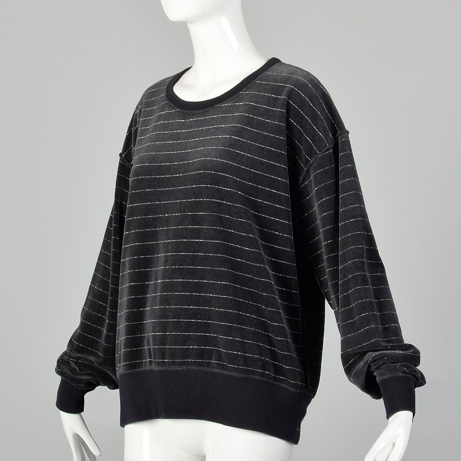 Large 1990s Sonia Rykiel Grey Velour Sweater with Metallic Silver Stripes