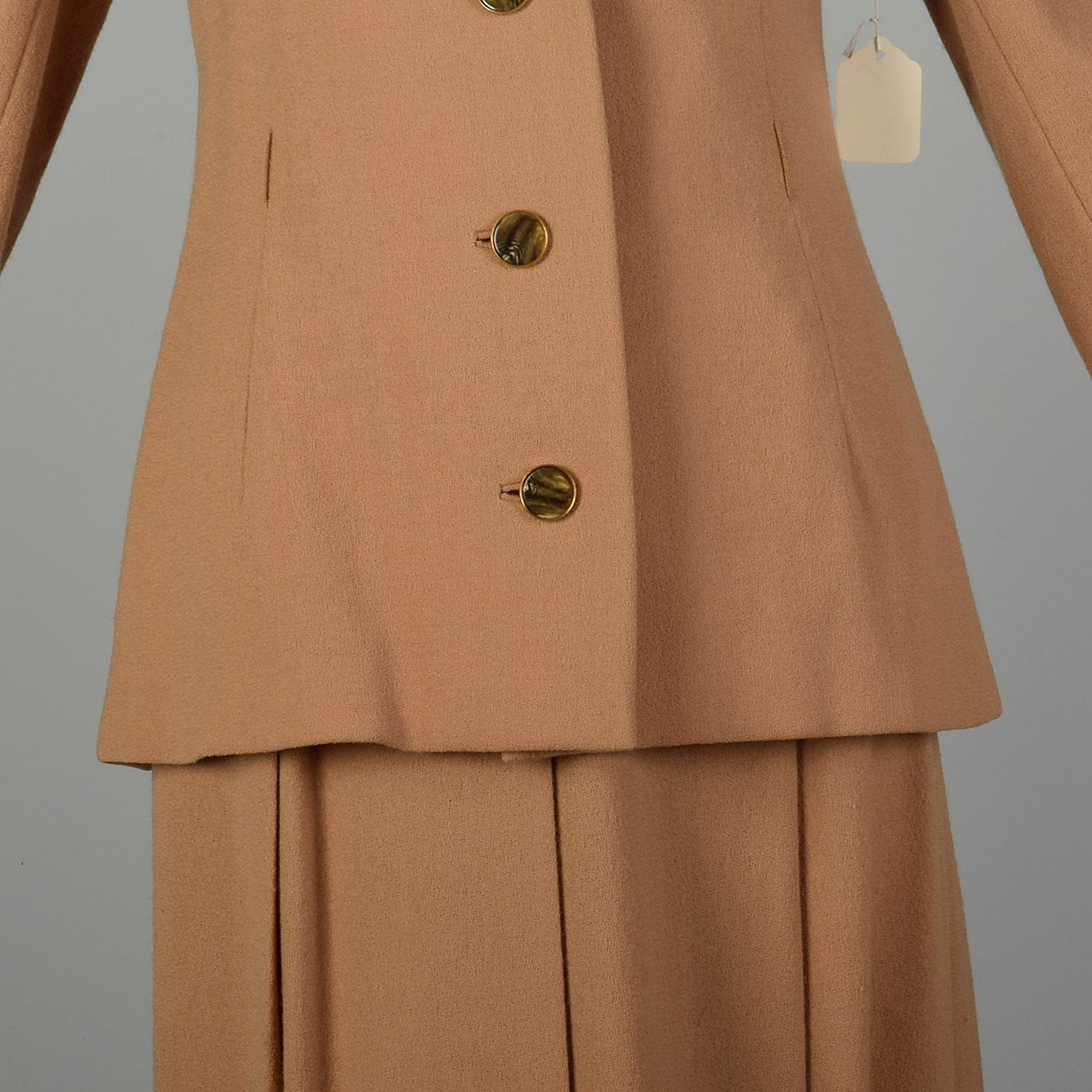 Small 1970s Suit Minimalist Camel Pleated Skirt 2pc Blazer Ensemble