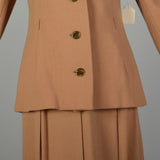 Small 1970s Suit Minimalist Camel Pleated Skirt 2pc Blazer Ensemble