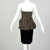 Small 1980s Nipon Black Strapless Party Dress Peplum with Gold Swirl