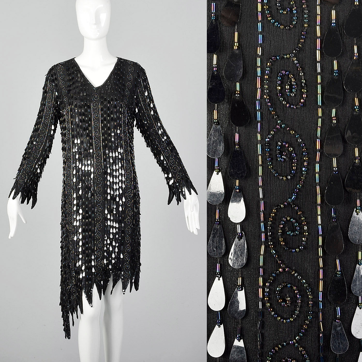 1970s Frank Usher Black Beaded Silk Dress Style & Salvage 1970s Frank Usher Black Beaded Silk Dress Style & Salvage
