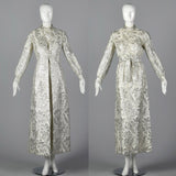 1970s Silver Brocade Maxi Dress with Matching Maxi Vest
