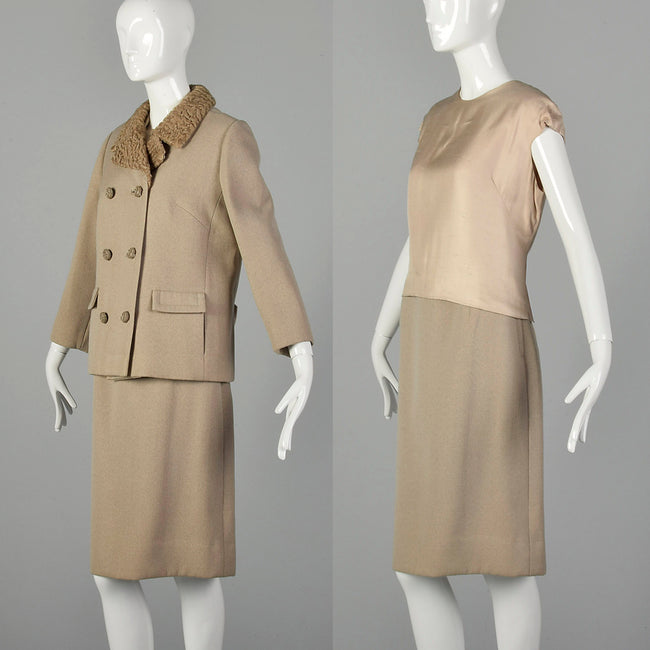Medium 1960s Tan Three Piece Wool Skirt Suit
