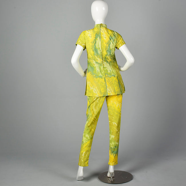 1960s Green and Yellow Print Tunic and Pants Set